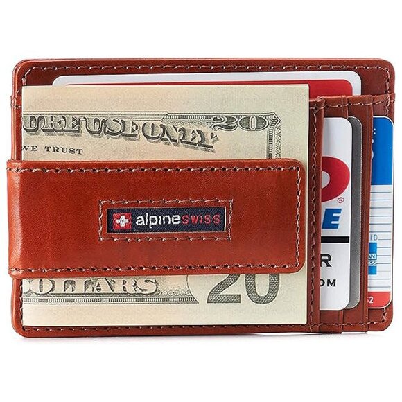 Alpine Swiss Harper Mens RFID Slim Money Clip Front Pocket , Glossy Nappa Tan - Picture 1 of 7